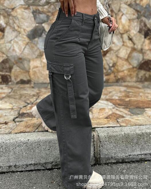 Pocket Design High Waist Cargo Pants Women Solid Color Summer Spring Pants Safari Dark Grey
