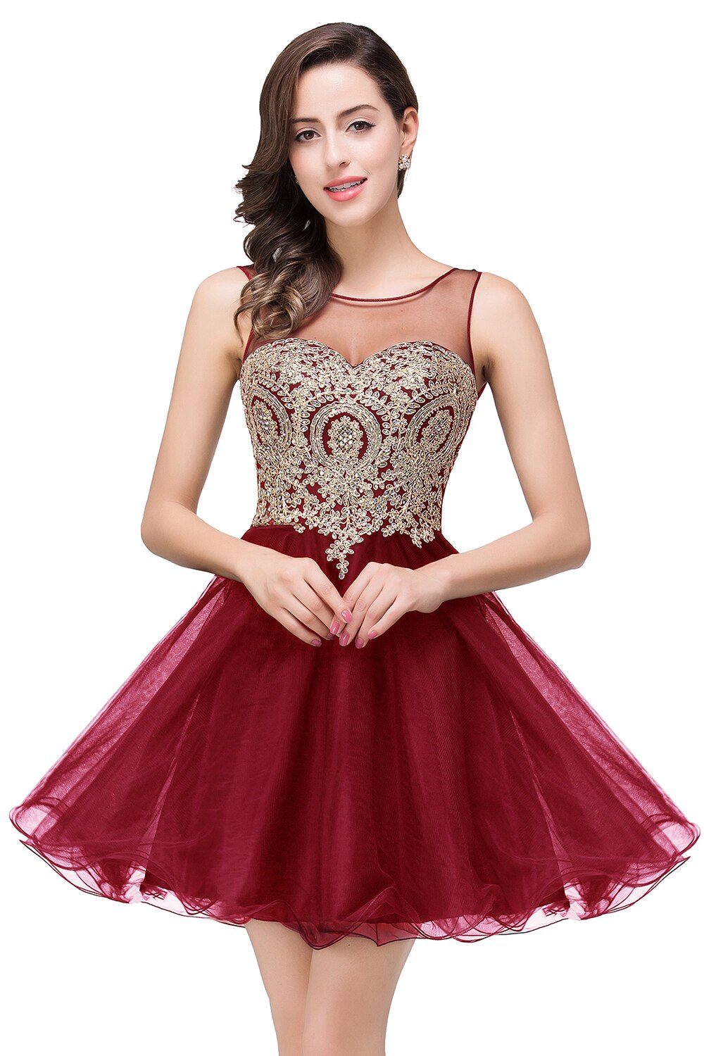 Lovely Short Homecoming Gowns Straps V Neck Cocktail Dresses Floral Open Back Sleeveless Wedding Party Gowns Mini Prom Dress Tulle Burgundy