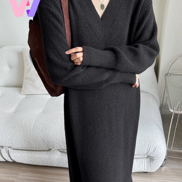 New Autumn Winter Women Knit Sweater Dress V-neck Loose Long Pullover Dress Lazy Temperament Robe Women One Piece Skirt Clothes