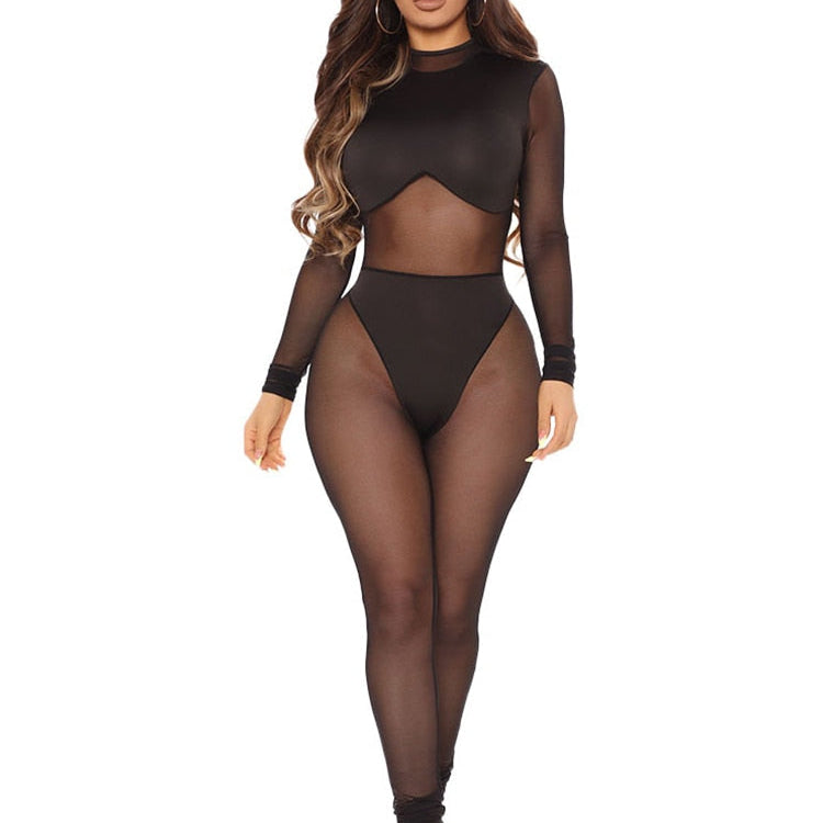 Sexy Jumpsuit Women Transparent Black Jumpsuits Elastic Mesh Bodysuits Summer See Through One Piece Night Club Outfit