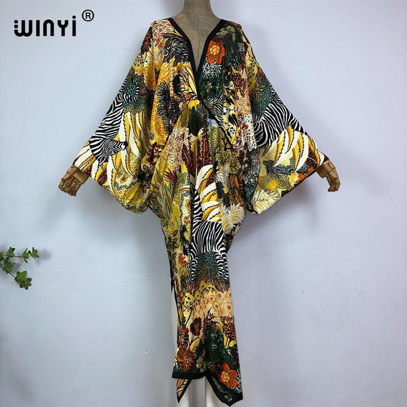 Sexy bech hand-rolled feel silk rayon fashion print Maxi Women's robes long beach V-neck Bohemian dress 8 One Size
