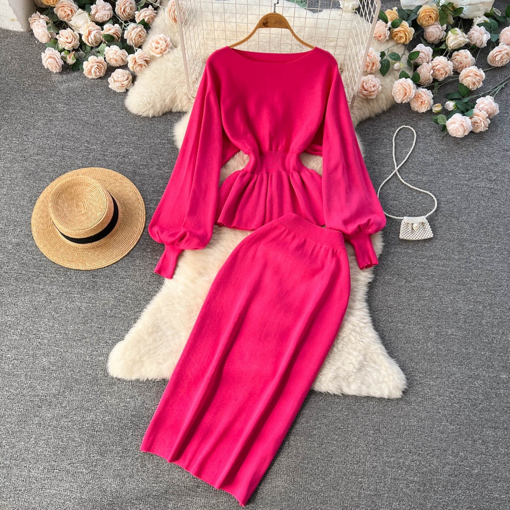 Autumn Women Set Knitting Costume Turtleneck Solid Color Pullover Sweater Slim Skirt Two Piece Suits Chic Casual Outfits