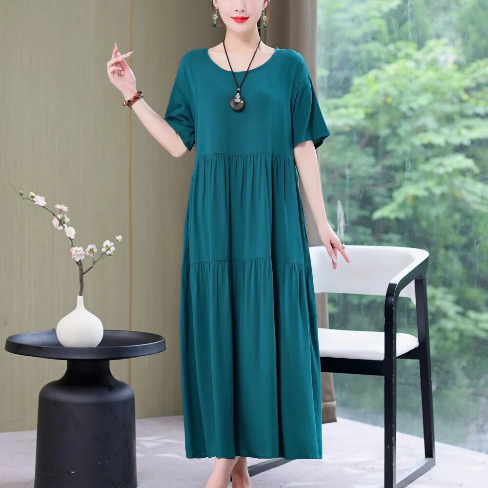 New Fashion Causal Summer Dresses For Women Loose Solid Long O-neck Dress Vintage Short Sleeve Womens Clothing Lake Blue