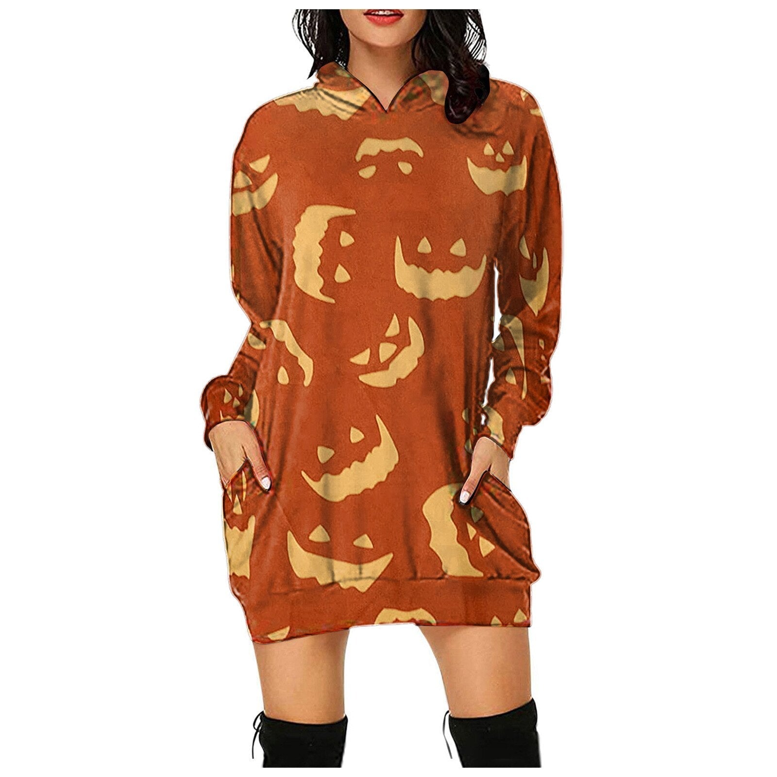 Women's Halloween Pumpkin Printed Sweater Hooded Long Sleeve Dress Sweatshirt Female Women Autumn Spring Casual Hoodies Clothes P12