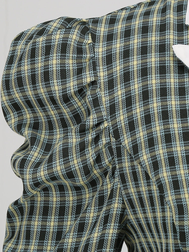 Tonval Gigot Sleeve Button Up Vintage Rockabilly Swing Dress Elegant Party Wear 2022 Women Fall Outfits Green Plaid Dresses