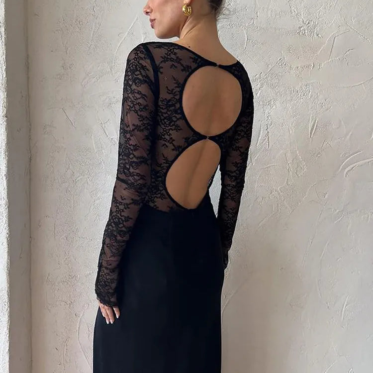 Patchwork Sexy See Through Lace Women Maxi Dress Hollow Out High Slit Evening Dress Female Skinny Elegant Party Clubwear