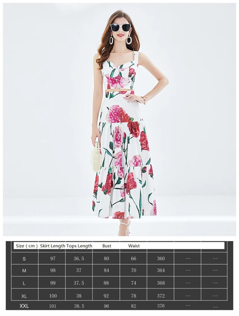 Summer Floral Dress Sets Women 2 Piece Outfit Sexy Slim Tops and Skirt Party Set Suspender Strap Suit Ballgown Frocks 1
