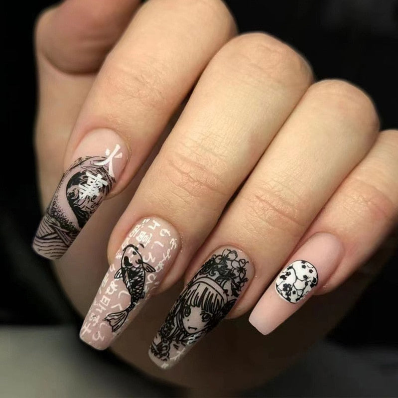 Sea Wave Carp Japanese Style Doodle False Nails Detachable Nude Pink Long Coffin Fake Nails with Glue Full Cover Press on Nails MT660JP1589