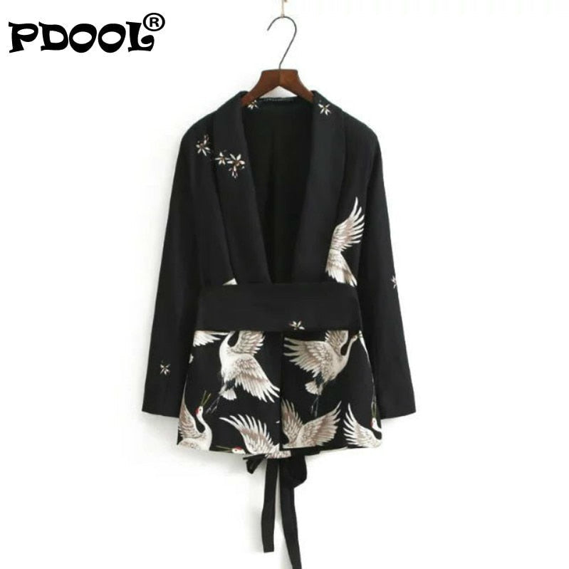 Spring/Autumn Women Vintage Clothing Set Printed Blazer Wide Leg Retro Pant Female Bird Outfit Suits Women's Office Lady