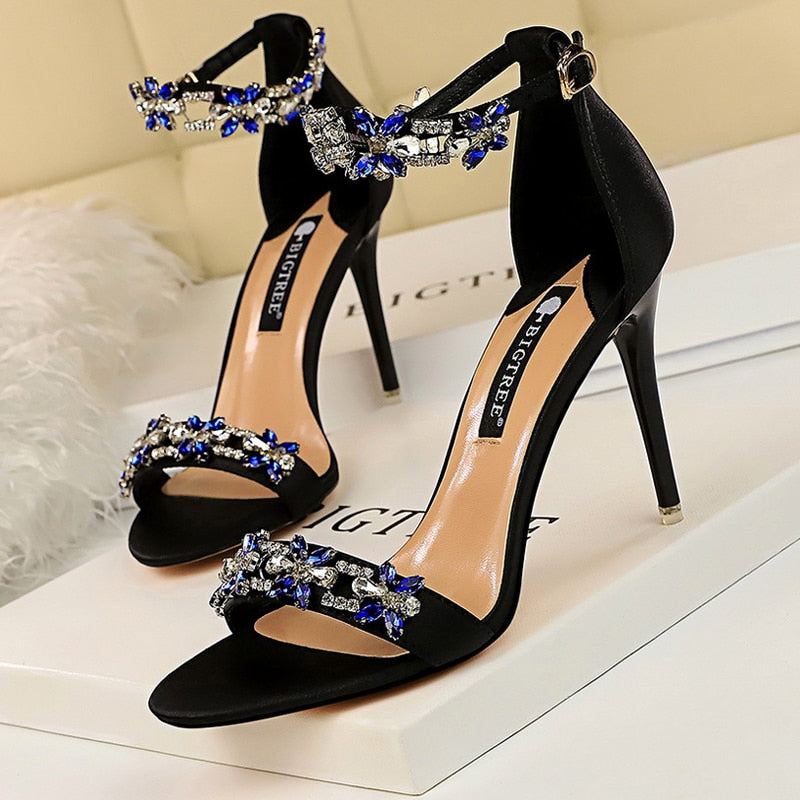 Open Toe Rhinestones Sandals Women - Sexy High Heels Sandals Female Shoes Summer Heeled Sandals black