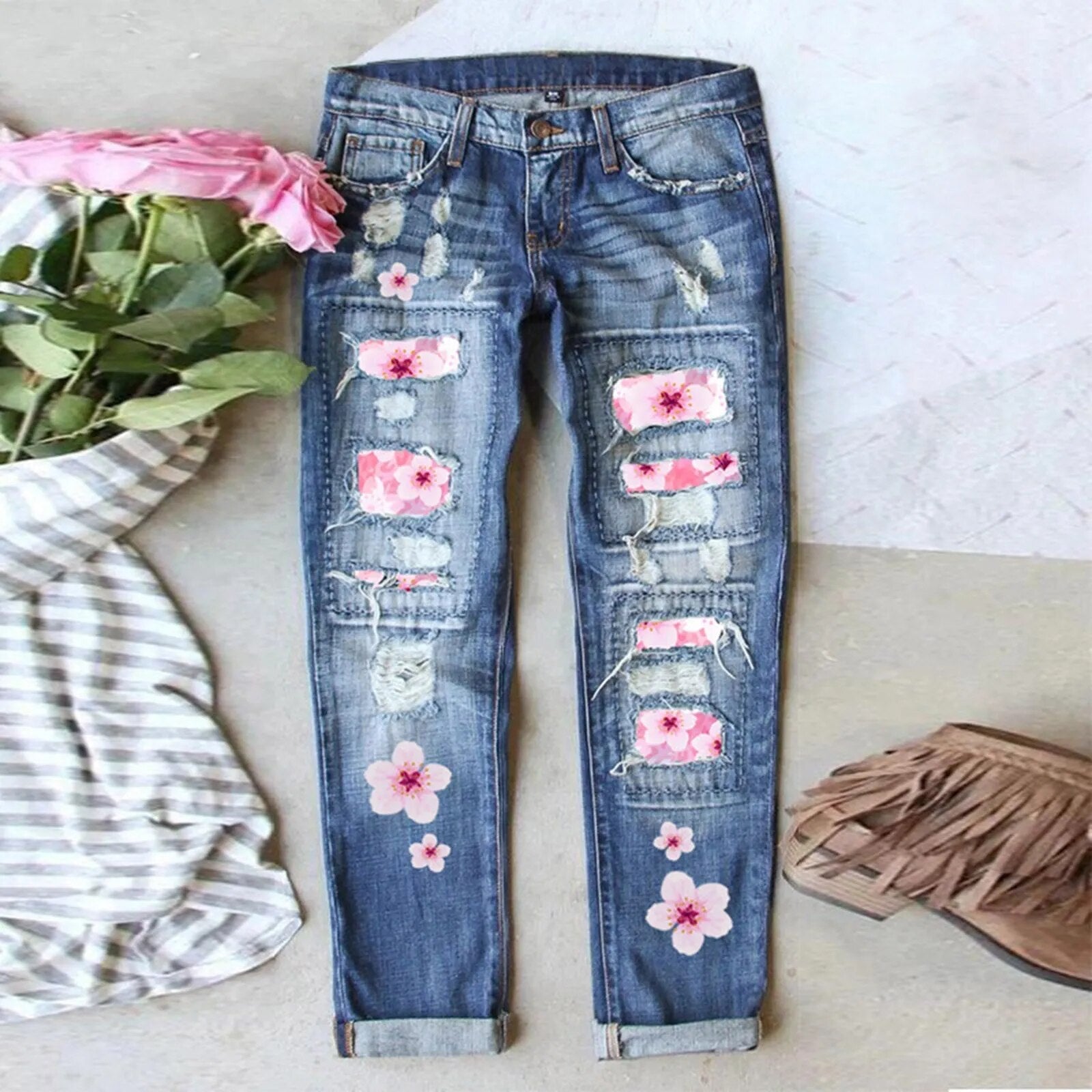 Women's Sunflower Print Ripped Jeans Patchworks Regular Fit Long Casual Denim Jeans Holes Trousers Streetwear Denim Pencil Pants 4-Blue