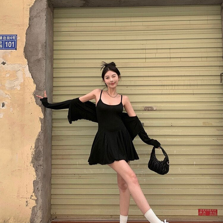 Fall Women Vacation Outfits 2 Piece Dress Set Solid Color Long Sleeve Cardigan Top + 2000s Aesthetic Mini Gyaru Pleated Dresses