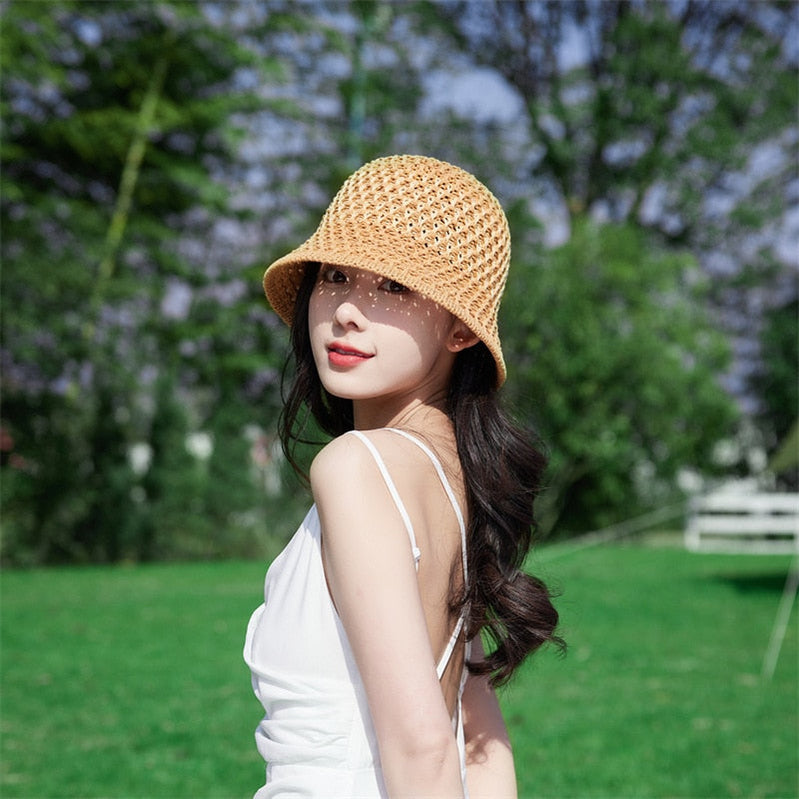 Sunscreen Hat Women's Net Red ins Korean Bucket Hat Hollow out Fisherman Basin Hat Outdoor Knitted Sun Shield Hat 13 55-58CM