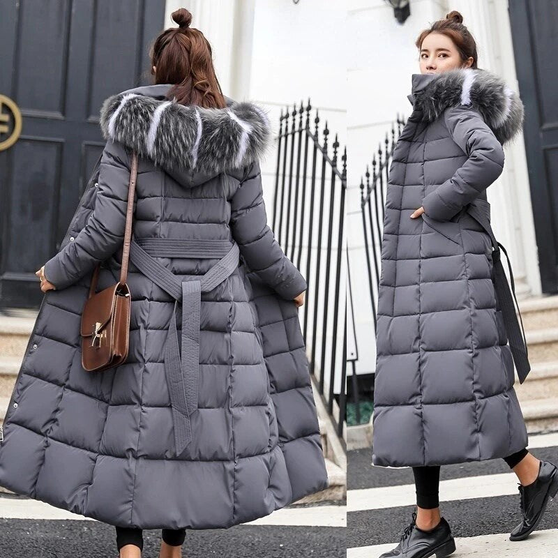 Winter jacket women's warm fashion bow belt fox fur collar coat long dress women's thick coat