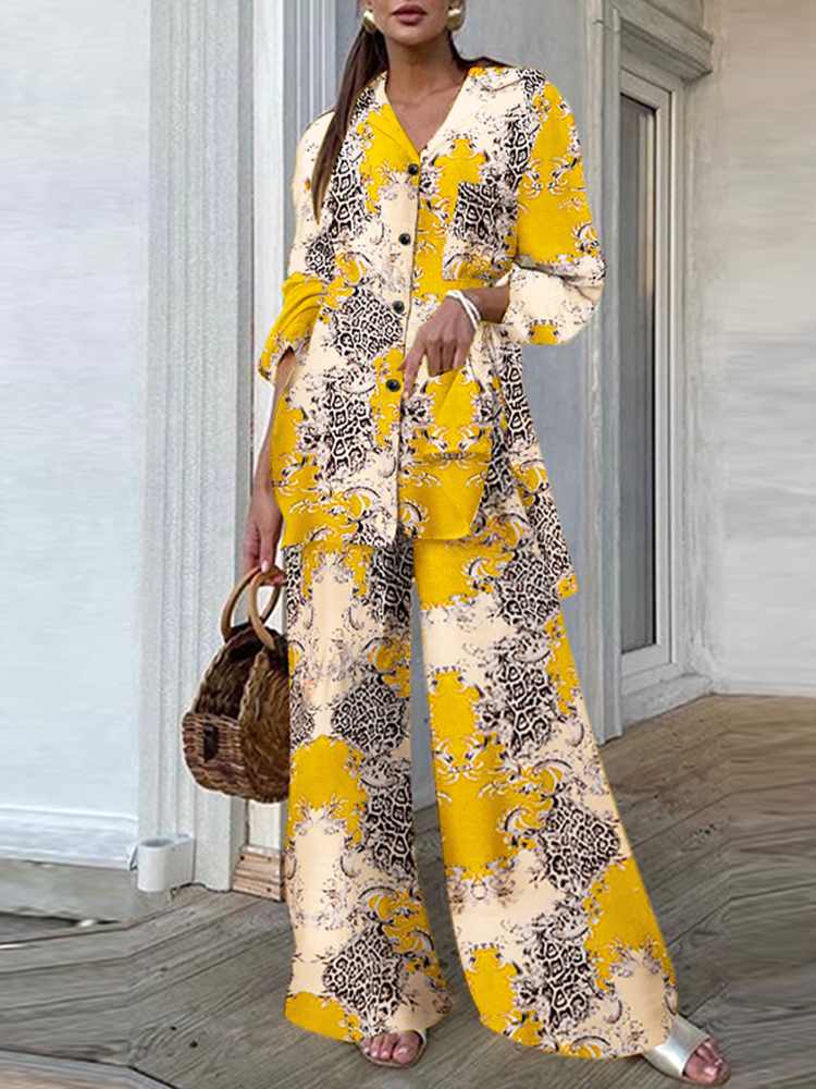 Fashion Women Leopard Print Pant Sets Casual Loose Tops and Pant Outfits Autumn Wide Leg Pant Leisure Two Piece Sets (Printed 1)Yellow