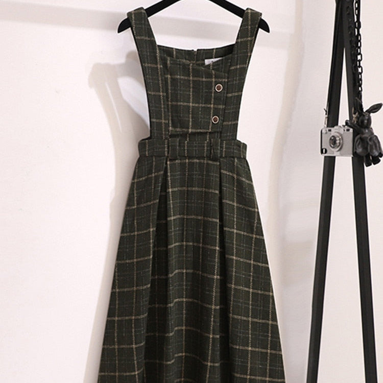 Fall Winter Women Sweater Overalls Dress Sets Casual Knitted Tops +Plaid Woolen Dress 2 Piece Sets Outfits Female One Piece Dress 2