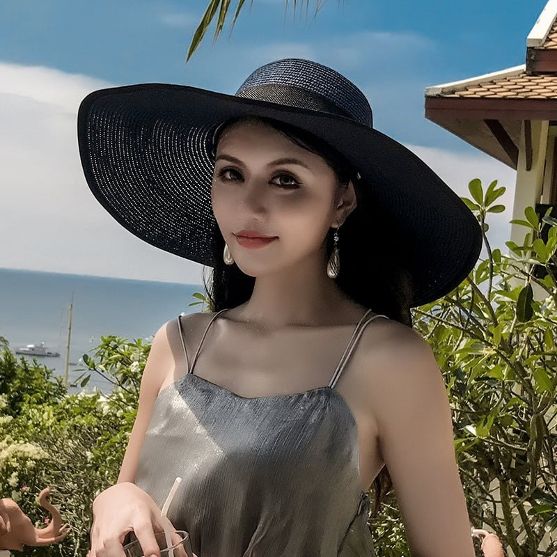 Seaside Photo Beach Straw Hat Children Summer Large Brim Sunscreen Shading Simple Fashion Large Brimmed Hat Sun Hat Beach Hat Black navy blue Adjustable 55 60cm