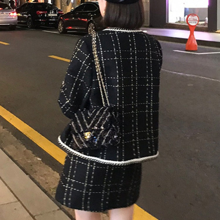 European Style Autumn Winter 2 Piece Set Women Short Woolen Tweed Jacket Coat & Bodycon Mini Skirt Set Women Two Piece Outfits