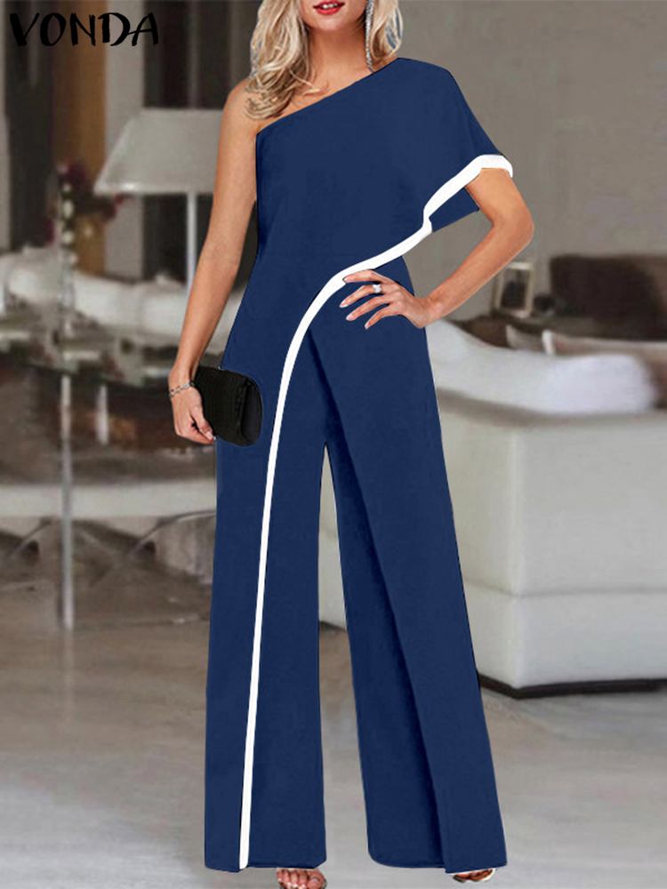 Women's Summer Rompers Elegant Office Formal Jumpsuits Casual Solid One Shoulder Sexy Loose Party Overalls Oversized Navy