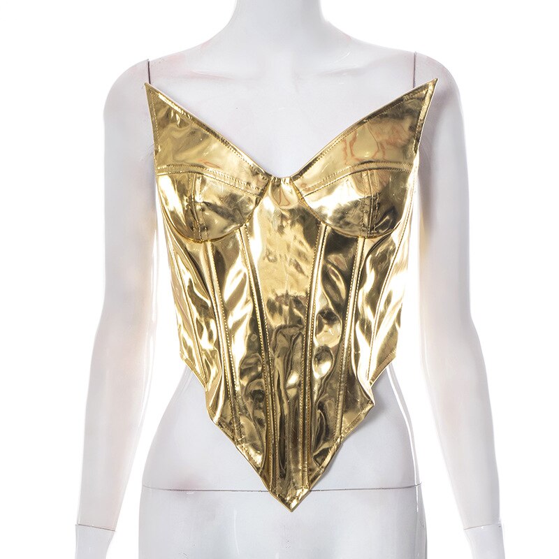 Sexy Women Shiny Gold Silver Bustier Crop Tops Bright PU Leather Crown Girdle Slimming Waist Strapless Low-cut Corset Top Summer Gold 1