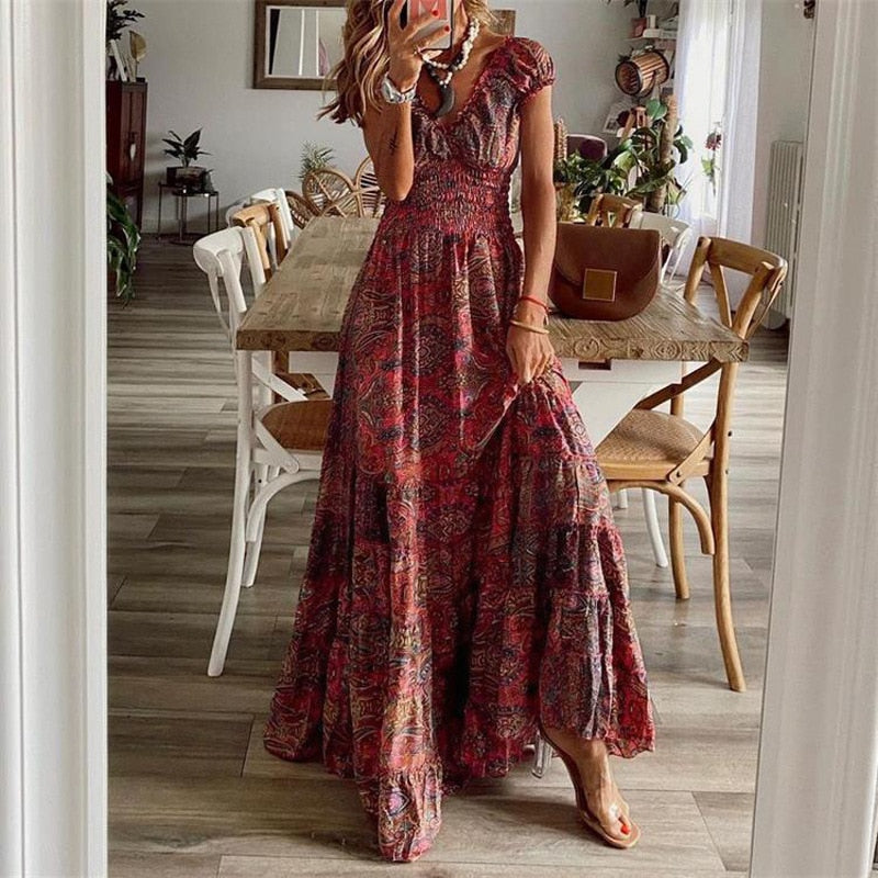 Summer Vintage Long Dresses Women 2023 Bohemian Elegant Floral Print V Neck Robe Beach Holiday Casual Big Swing Maxi Dresses wine