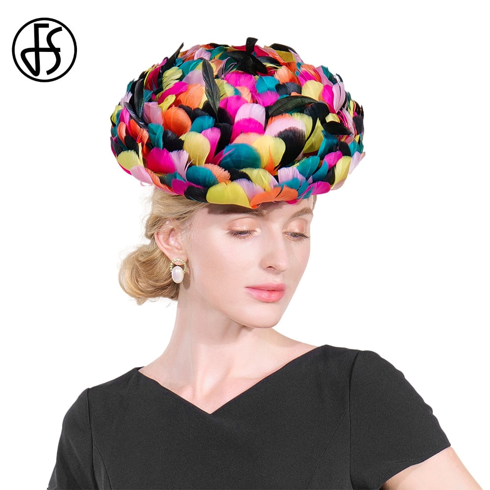 FS Luxury Woman Hat Wedding Ceremony Church Cap With Diamond Ladies Fascinators Cocktail Party Fancy Feathers Millinery