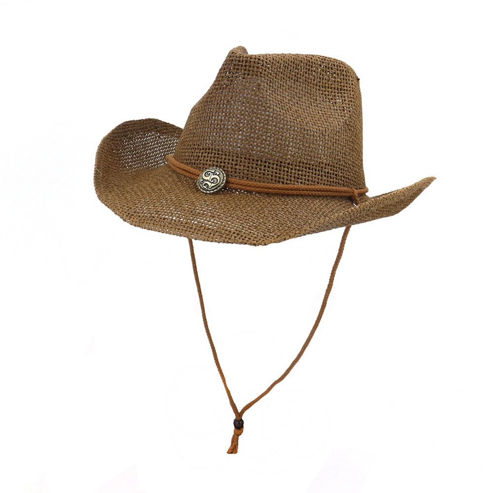 Cowboy hat fashion hollow handmade cowboy straw hat men&#39;s summer outdoor travel beach hat unisex solid color western cowboy hat 6 M55-58cm