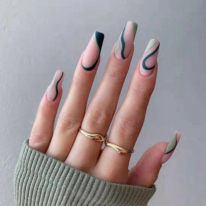 French Ballet False Nails With Gold Foil Glitter Designs Wearable Long Coffin Ballerina Press On Fake Nails Full Cover Nail Tips