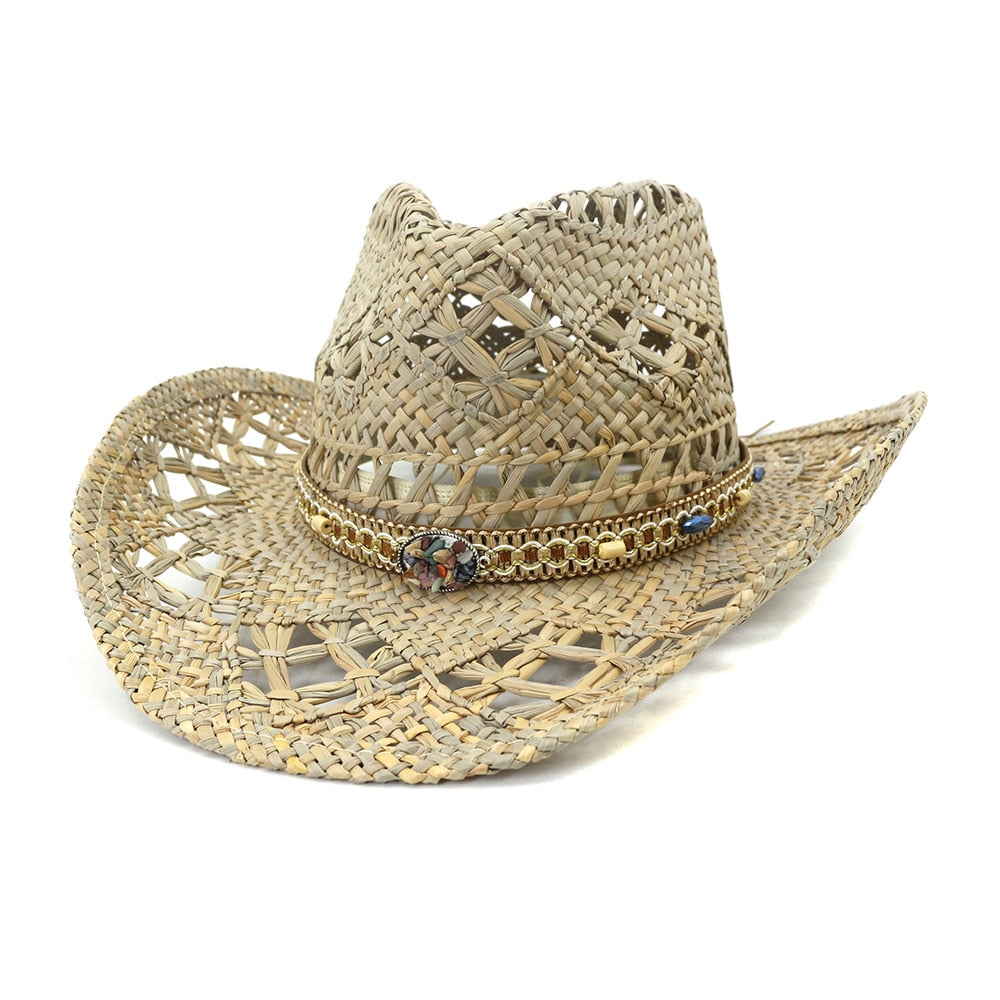 Cowboy hat fashion hollow handmade cowboy straw hat men&#39;s summer outdoor travel beach hat unisex solid color western cowboy hat 17 M55-58cm