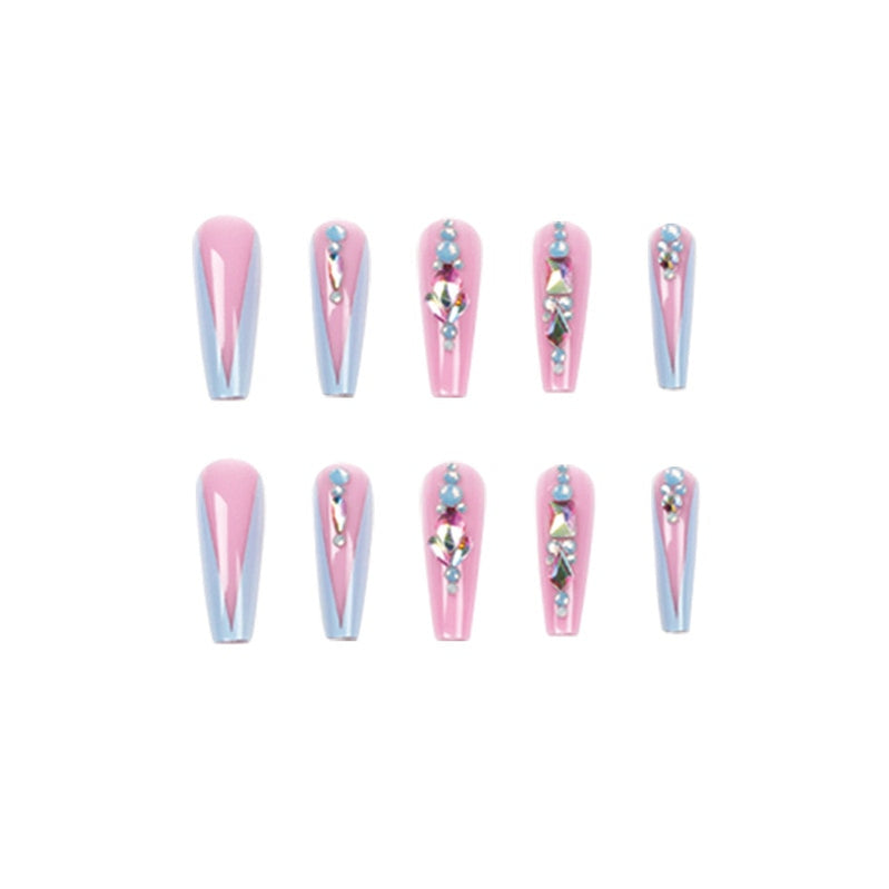 Glossy Pink Wearable Nail Art Blue Rhinestone Extra Long Ballet Detachable Finished False Nails Press on Nails with Glue