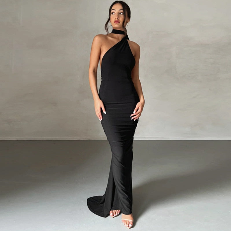 One Shoulder Backless Adjustable Scarf Loop Ruched Sexy Maxi Dress 2023 Women Elegant Y2K Vintage Dress Fashion Summer Robe Size Style1 Black