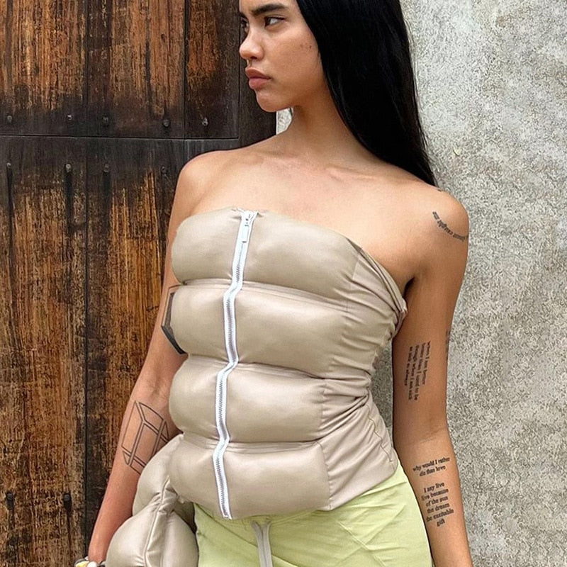 Sexy Women Shiny Gold Silver Bustier Crop Tops Bright PU Leather Crown Girdle Slimming Waist Strapless Low-cut Corset Top Summer