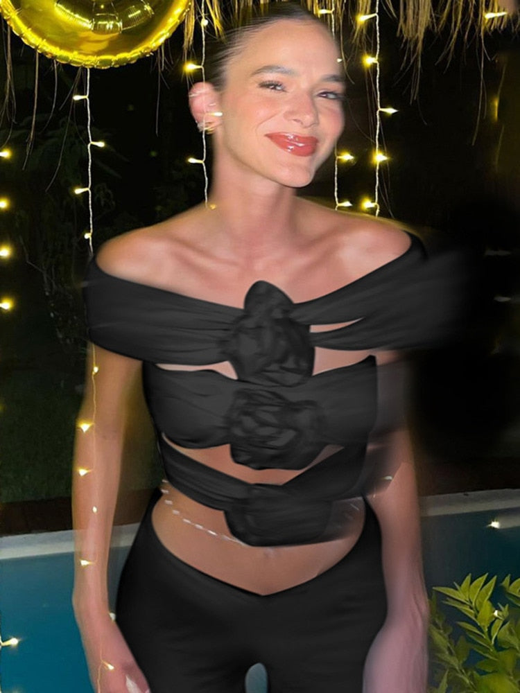 Mozision Rose Flower Sexy Crop Top Women Corset Summer Off-shoulder Sleeveless Ruched Tank Tops Bustier Ladies Short Tops Vest