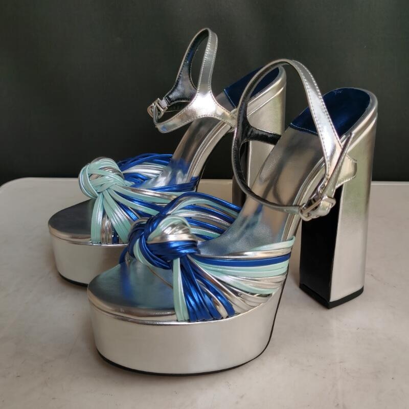 Summer Sexy Women's Sandals Mixed Color Tie a Knot Thick High Heel Platform Silver Roman Shoes Big Size Zapatos Mujer Silver