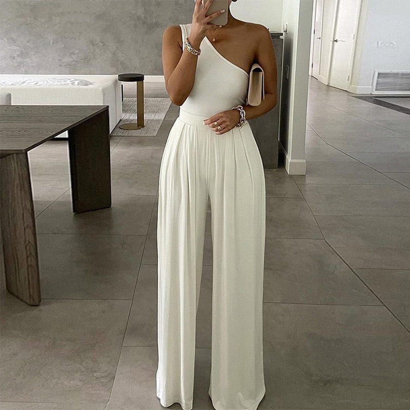 Summer Women Fashion Sexy One Shoulder Club Romper Bodysuit Elegant Wide Leg Jumpsuit Office Lady Casual Ovealls White