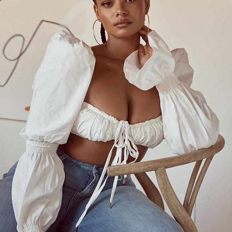 Cryptographic Shirred White Puff Sleeve Tie Front Top Women Blouse Shirts Elegant Hot Sexy Backless Crop Tops Fashion Blusas