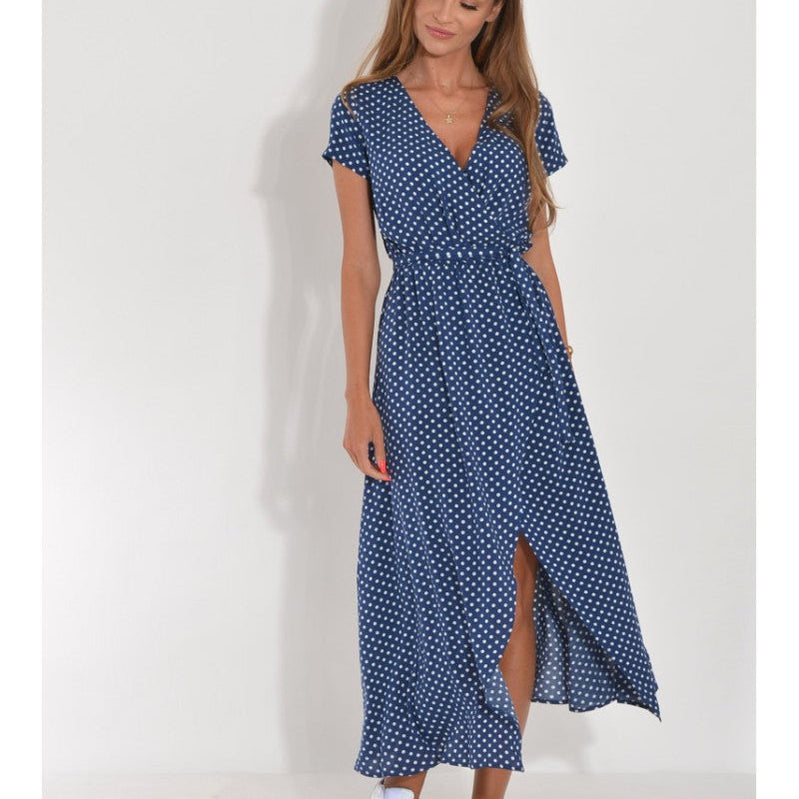 Women Casual Floral Print Dress Summer Elegant V-neck Short Sleeve Waist Lace Up Maxi Dresses Female Holiday Split Long Dress Blue