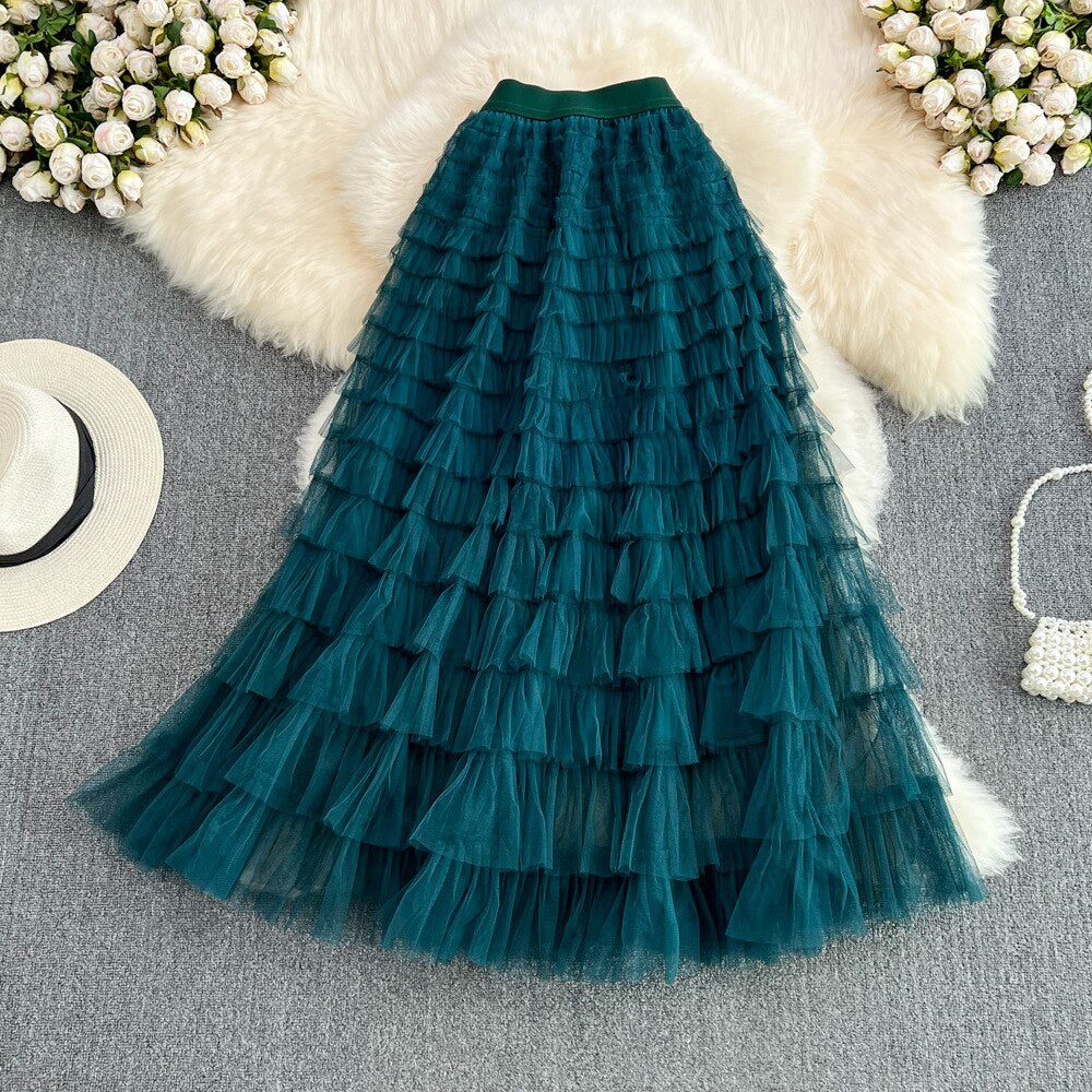 Super Long 97cm Maxi Tulle Skirts for Women 2023 New Chic Patchwork Cake Skirt Multilayer Large Swing A-Line Skirts Mujer Faldas Dark green One Size