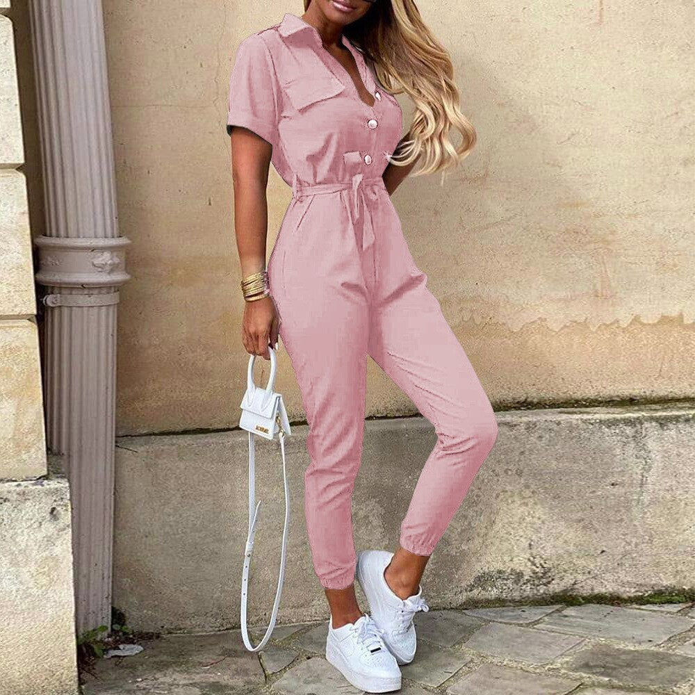 Overalls for Women New Casual Lapel Lace-up Print Belt Work Jumpsuit Women One Pieces Bodysuit Women Chic and Elegant Jumpsuits Pink