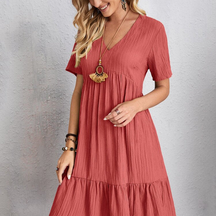 Summer Knee Length Dresses for Women 2023 New-In One-Piece Loose Casual Short Sleeve Dress Vintage Chic Maxi Midi Dress Outfits C2 Red