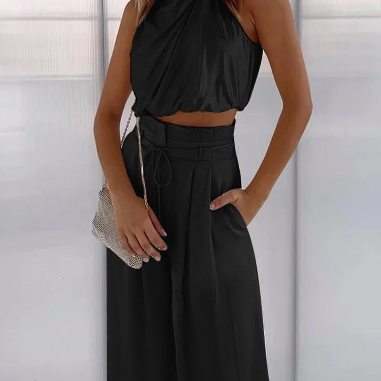 Drauuing Beige Two Piece Pants Sets Women Outfit Silk Pleated Texture Sleeveless Top Wide Leg Pants Set Summer Matching Sets Black
