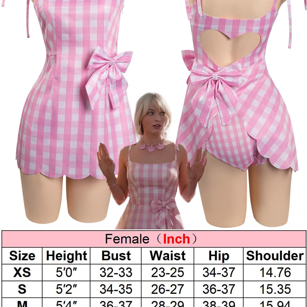 Margot Cosplay Kawaii Pink Plaid Dress Women Costume Movie Barbei Roleplay Fantasia Halloween Party Clothes For Disguise Style A
