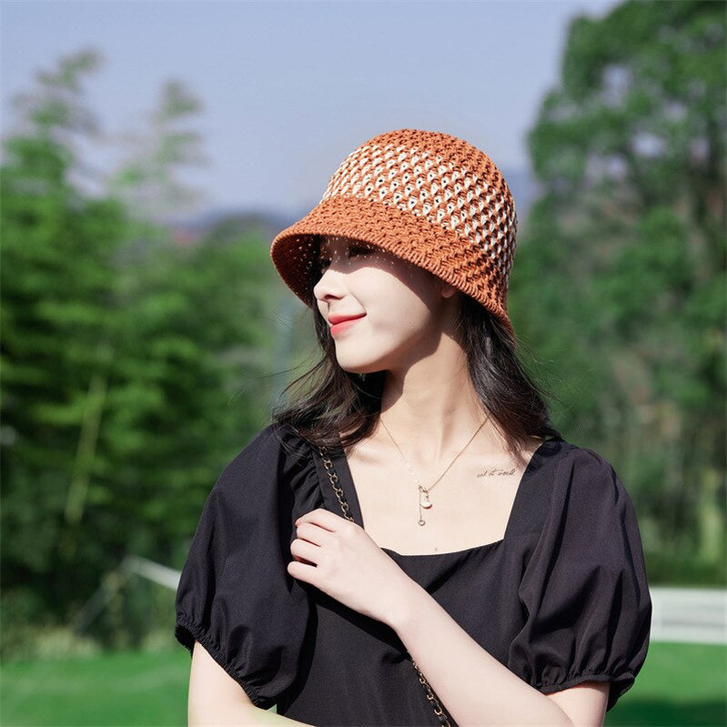 Sunscreen Hat Women's Net Red ins Korean Bucket Hat Hollow out Fisherman Basin Hat Outdoor Knitted Sun Shield Hat 11 55-58CM