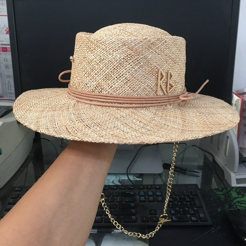 raffia straw hat for women with letter and chain Wide Brim Floppy Sun Hat Summer Hats Lady Beach Cap