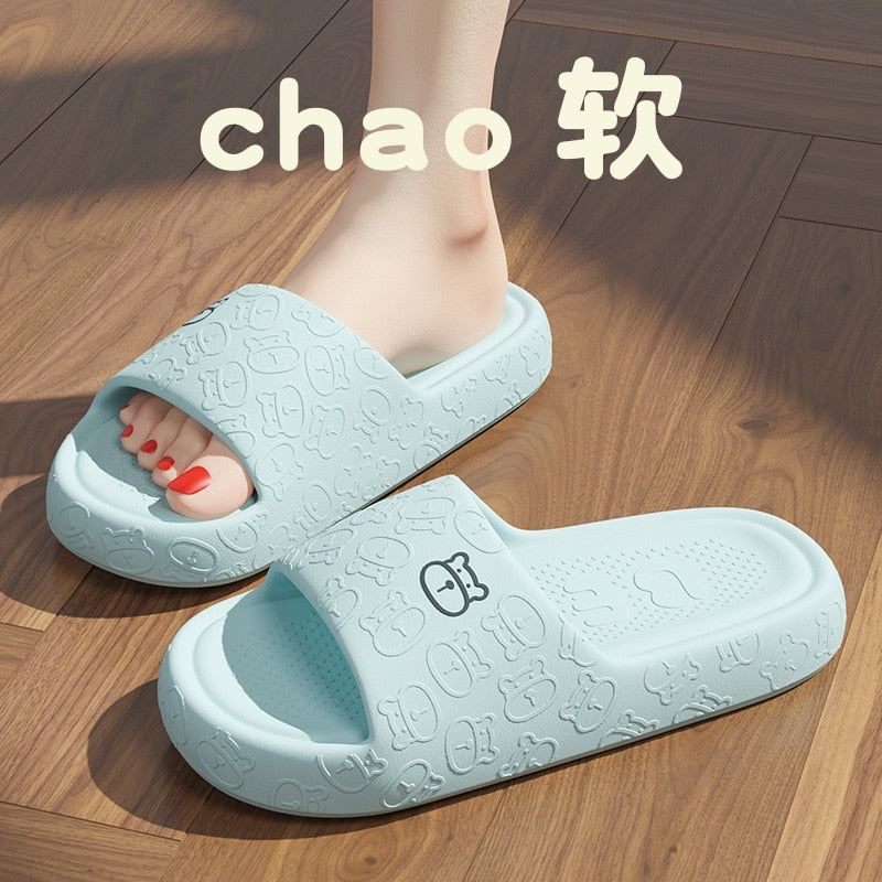 Outdoors Summer Women Men Flat Thick Platform Slippers Non-Slip Cartoon Home Bath Sandals Beach Slides Couples Ladies Shoes blue