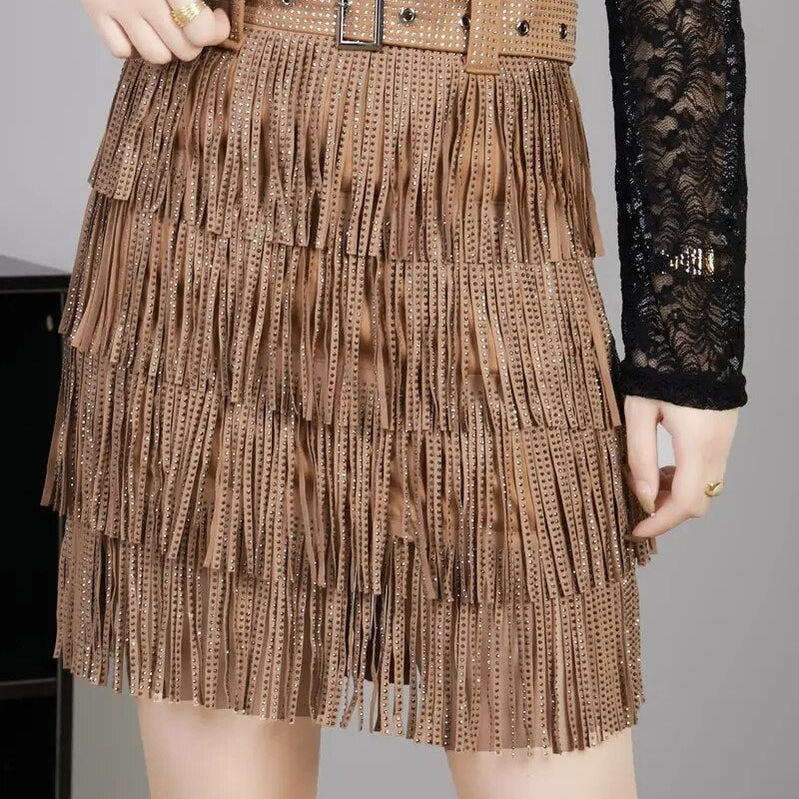Women Skirt Fashion New Autumn High Waist Belt Multi Layer Short Heavy Drilling Rhinestones Fringed Skirt with Cake A Line khaki skirt