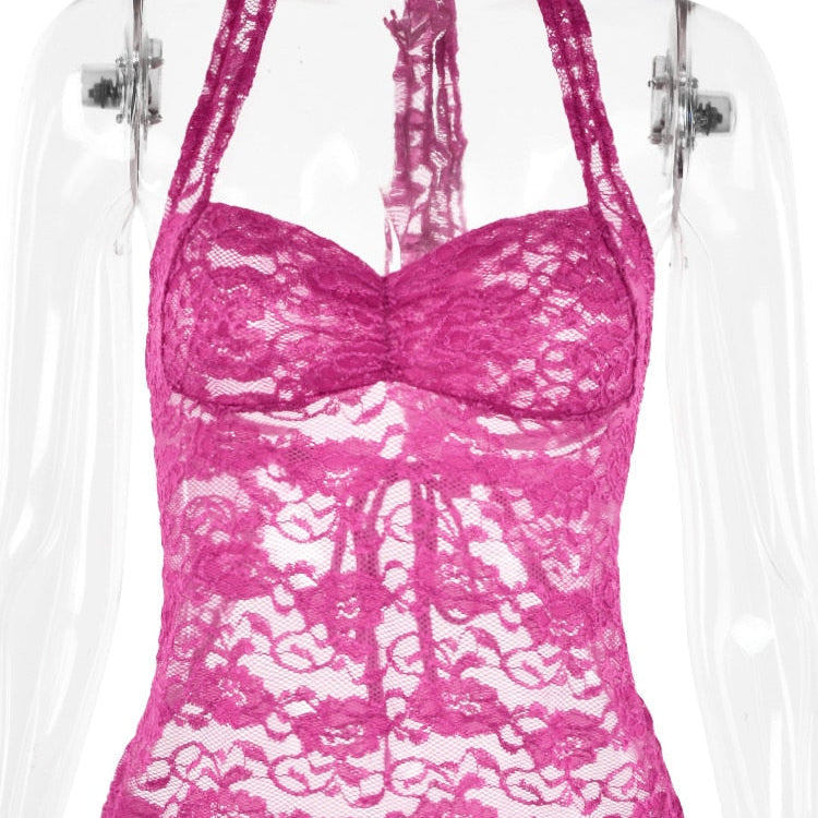 JULISSA MO Ladies Sexy Halter Bandage Lace See Through Crop Top For Women Summer Backless Slim Party Tops Vest