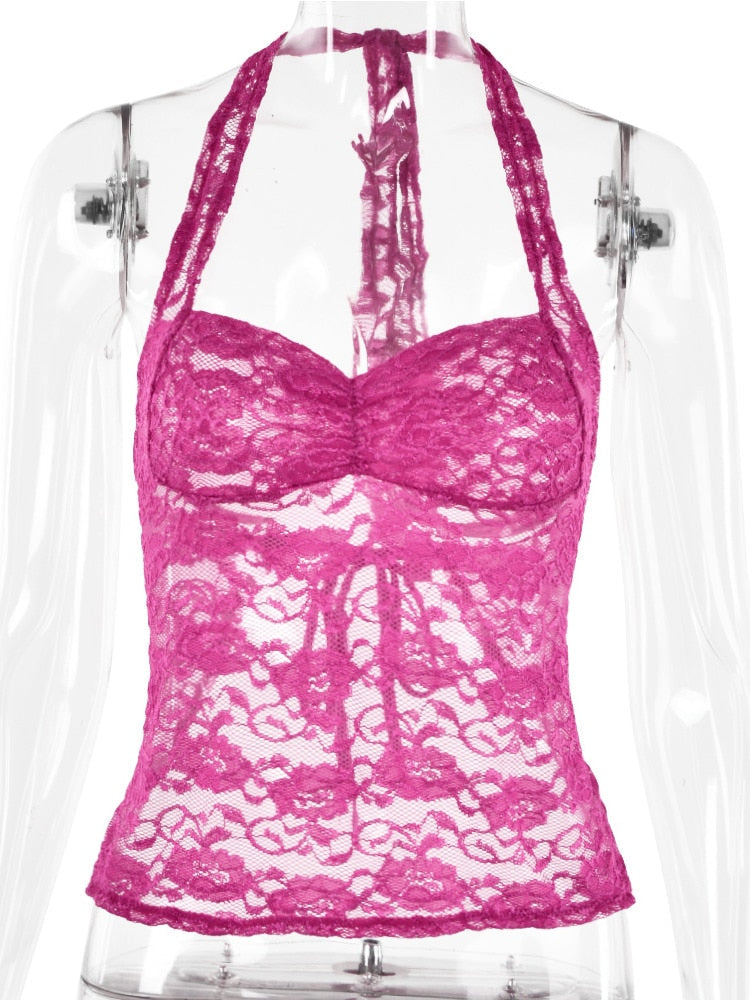 JULISSA MO Ladies Sexy Halter Bandage Lace See Through Crop Top For Women Summer Backless Slim Party Tops Vest