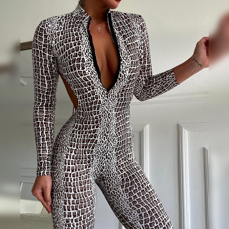 New Snakeskin Printed Long Sleeves Jumpsuits for Women Spring Summer Backless V-Neck Sexy Sport Bodysuit