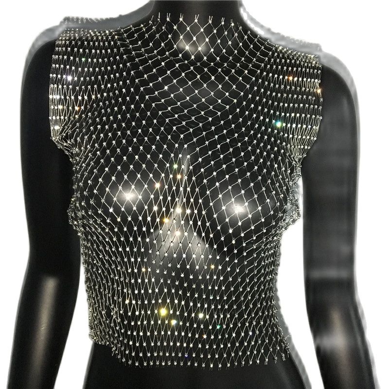 Women's Fishnet Rhinestone Crop Top 2023 Summer Sexy Mesh High Elastic Black White Shirt Net See Through Rave Diamond Tank Top Silver O neck